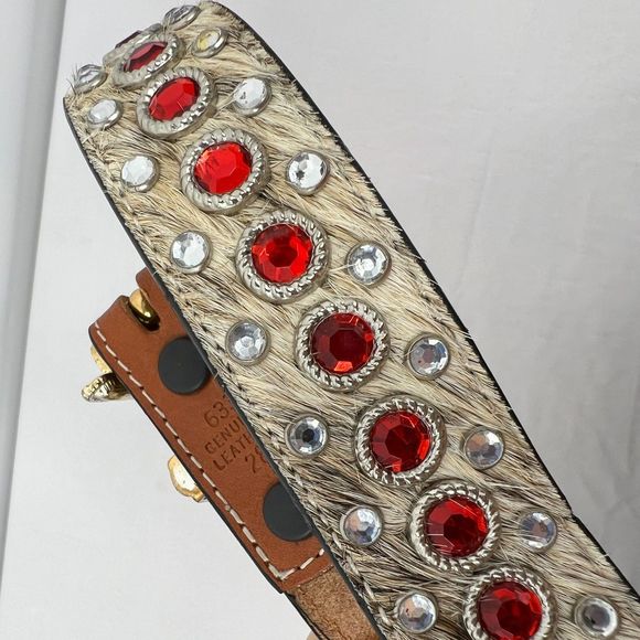 3-D western belt 28 calf hair gems crystals DDD silver hardware red leather - Picture 8 of 13